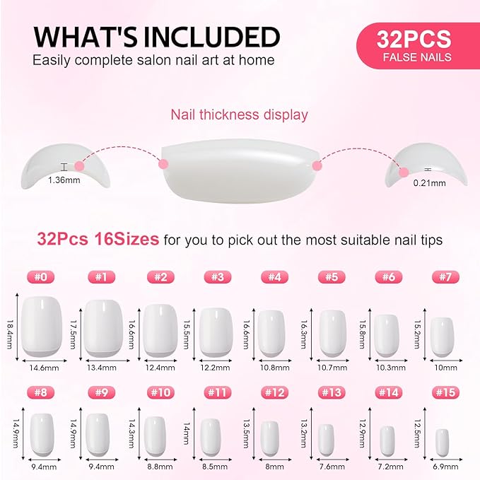 Press On Nails - Findigit Short Square White False Stick Glue On Nails, Reusable Stick On Fake Nails with Glue Salon Quality 16 Sizes - 32 Nail Kits, White Swan