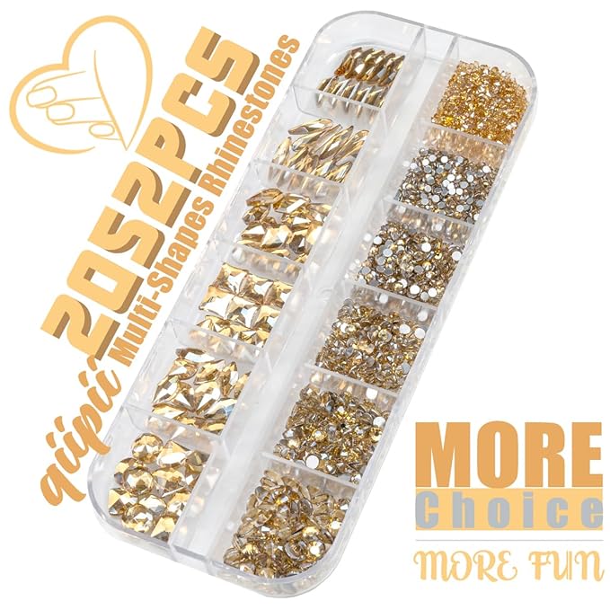 2052Pcs Champagne Gold Nail Rhinestones 72 Multi Shapes Golden Rhinestones for Nails Flatback Nail Gems +1980 K9 Glass Round Beads Stones Diamonds Nail Charms Art for Nails Faces Eyes Crafts