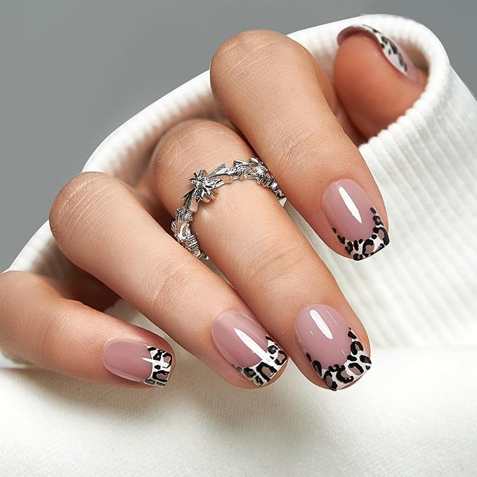 CurvLife Press On Nails Medium Square – Nude Pink Leopard French Tip Fake Nails, Reusable Soft Gel Glue On Nails with Adhesive Tabs, Natural Fit, Salon Quality for Women