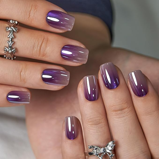 CurvLife Press On Nails Short Square – Purple Ombre Fake Nails, Reusable Soft Gel Glue On Nails with Adhesive Tabs, Natural Fit, Salon Quality for Women
