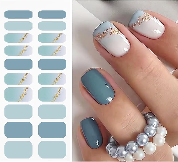 JMEOWIO Gel Nail Stickers Gold Glitter Gradient Blue Semi Cured Gel Nail Strips Wraps UV/LED Nails Art Design Decoration Accessories