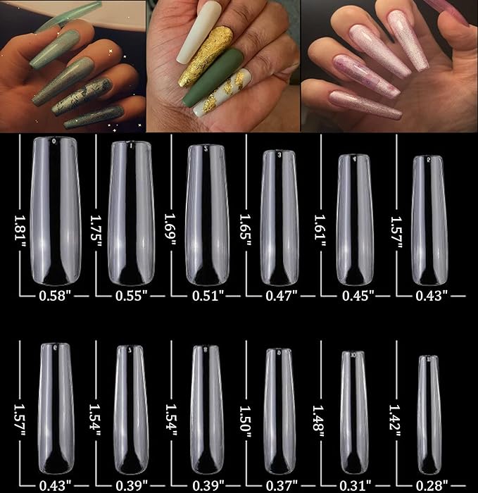 240pc XL Clear Square Acrylic Nail Tips Full Cover Extra Long Square Fake Nails Press on Nail Clear False Nails 10 Sizes Artificial Nails Tip for Gel Nail Extension Fingernails Designs