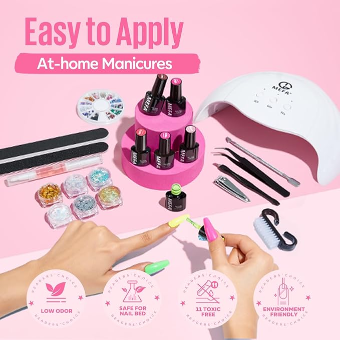MEFA 32 Colors Gel Nail Polish Kit with U V Light, 54 Pcs Nude Pink Popular Gel Nail Polish Starters Set with Matte/Glossy Base Top Coat Essential Manicure Tools Nails Art Decorations Salon DIY Gifts