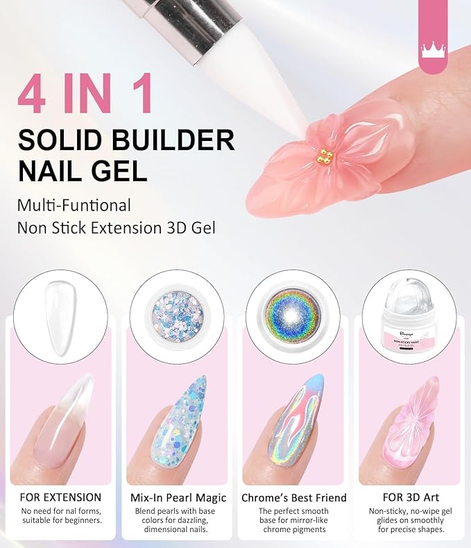 Solid Builder Gel for Nails BISHENGYF: Clear Non-Sticky Hand 3D Sculpting Modeling Carving Hard Gel with Mermaid Holographic Laser Pearl White Pink for Manicure Salon UV Home DIY