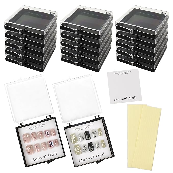 Press On Nail Storage Box Set 15PCS Fake Nail Container Packing Box With Adhesive Double Sided Tape, Storage Pad for Nail Art Storage (Not Include Press On Nail)