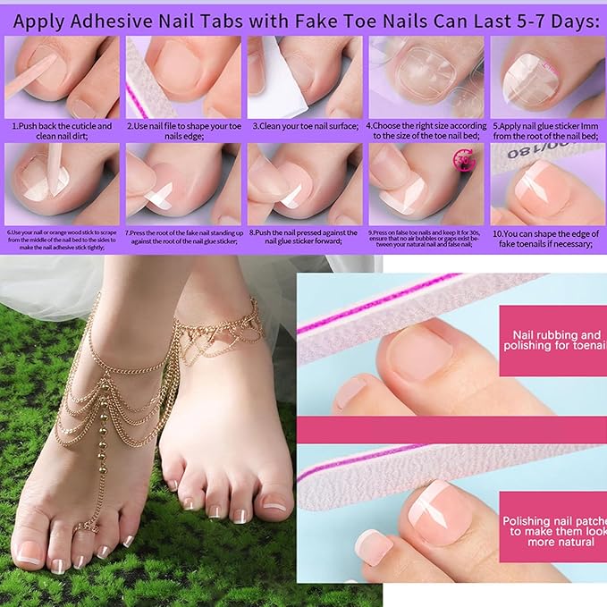 288Pcs Press on Toenails Short Square Toe Fake Nails with Glue Tabs,12 Color Gel Fake Toenails Press ons, Glitter French Glossy Glue on Toenail Acrylic Toes Nails False Presson Stick Toenail for Feet