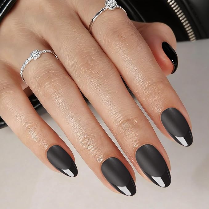 Press On Nails Short Almond Black Nails with Glossy French Tips in a Matte Finish 16 Sizes - 32 Nail Kit with Glue