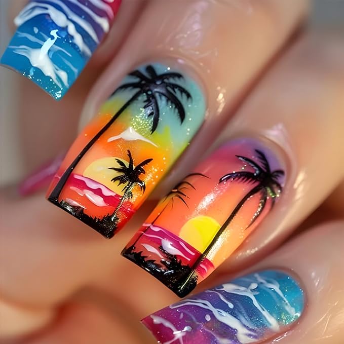 Square Press On Nails Medium Gel False Nails 24Pcs Multicolor Twilight Seaside Acrylic Nails Glossy Stick On Nails for Women Girls
