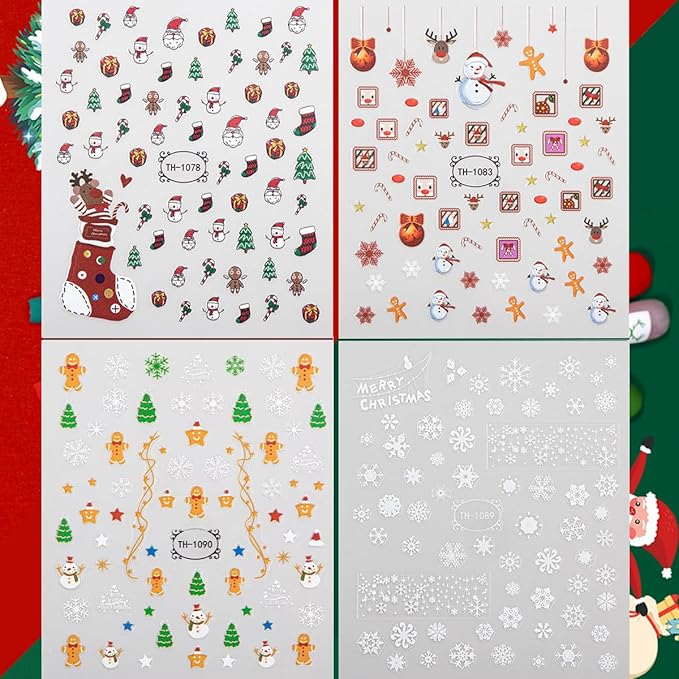 Zoance 8 Sheets Christmas Nail Art Stickers Decals Self-Adhesive Pegatinas Uñas Navidad Snowflake Snowman Nail Supplies Holiday Nail Art Design Decoration Accessories