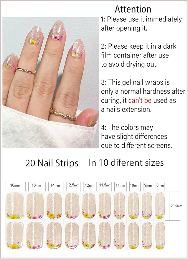 UV Gel Nail Stickers, Flower Cat Eye 20pcs Semi Cured Gel Nail Strips, Wraps for Home Manicure DIY