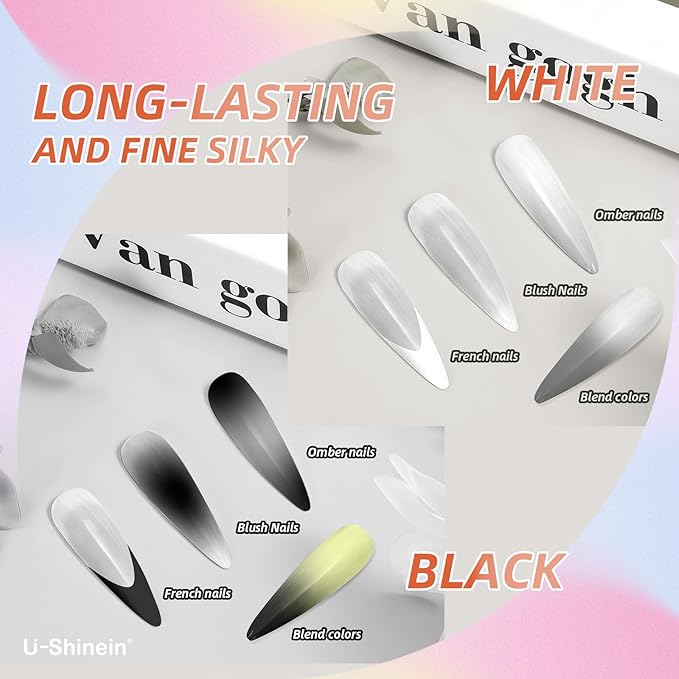 Cushion Gradient Painting Gel, Black&White Ombre Nails Aura Nails Full Coverage Precise Control of Each Dip Matte Effect Non-Wipe Long Lasting French Manicure Soak Off UV LED DIY Nail Art