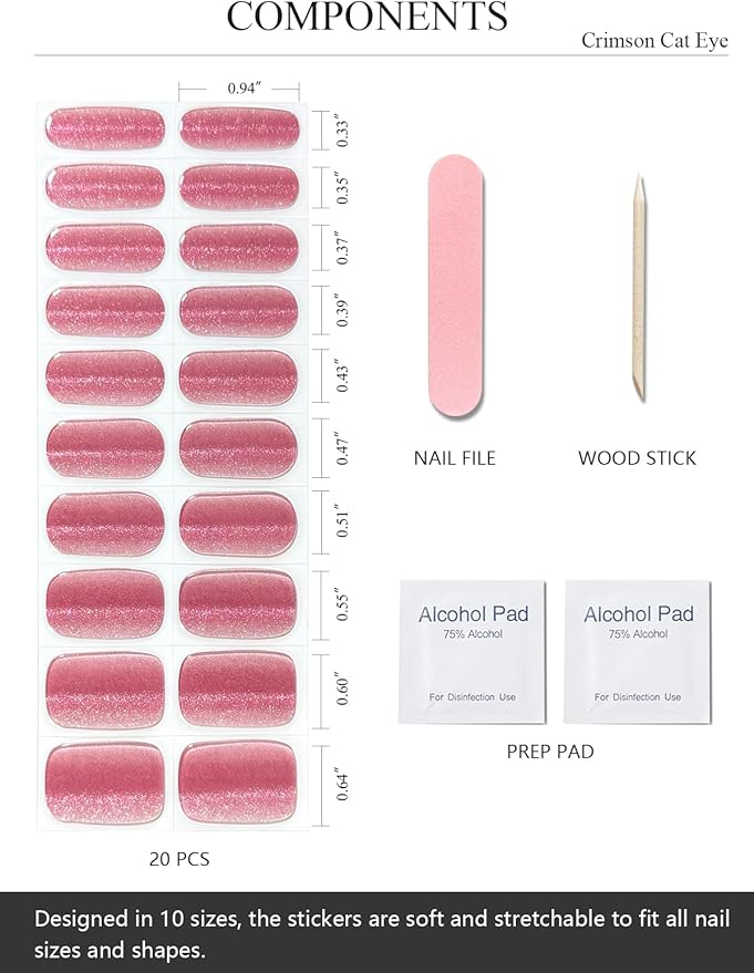 Semi Cured Gel Nail Strips (Crimson Cat Eye), Pink Red, 20 Pcs Gel Nail Wraps, Stickers, Salon Quality, Works With Any UV Lamps