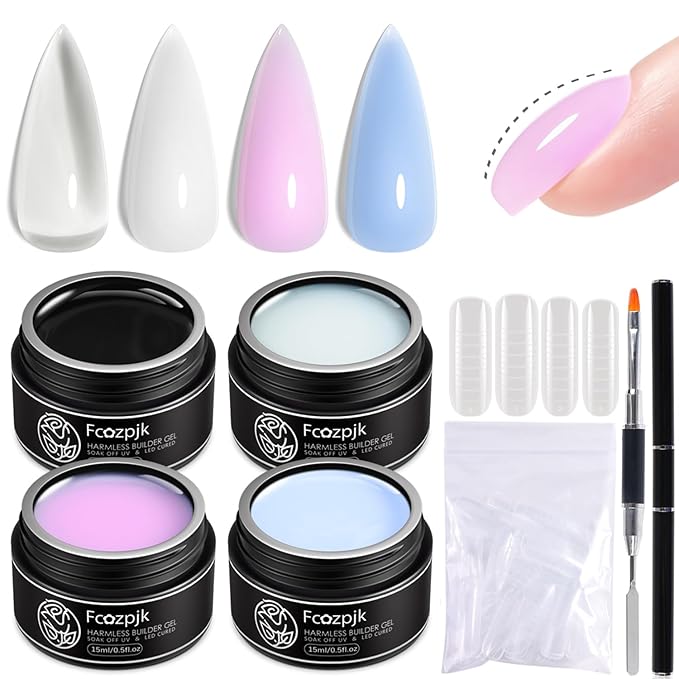 Builder Gel for Nails, 4 Colors Thickening Builder Nail Gel Clear Milky White Baby Blue Camouflage Apex Building Nail Strengthener Gels Kit with Brush Pen Dual Forms UV Cure Extension Manicure