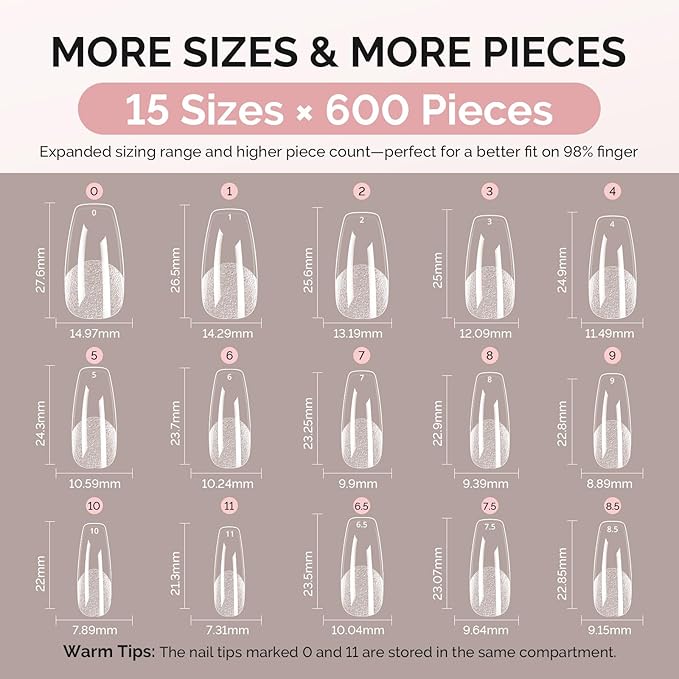 MelodySusie Medium Coffin X Nail Tips - 600Pcs 15 Sizes Clear Acrylic, Half Matte Full Cover Press on Nails for DIY Extension & Salon Use, Pre-Shaped for Long-Lasting Manicure