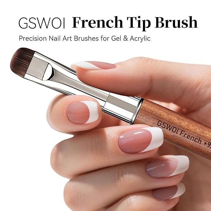 Dual Head Acrylic Nail Brush-French Tip & 9mm Liner with Cleaning Brush for Builder Gel,Polygel & Design-Wood Handle & Metal Caps