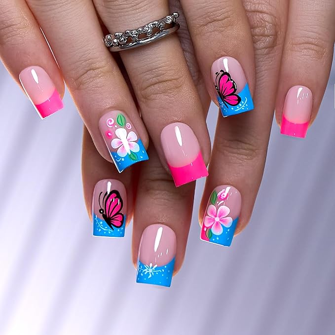 CurvLife Soft Gel Press On Nails Square, Long-Lasting Reusable Fake Nails Kit with Glue & Tabs, 30pcs Salon-Quality Stick On Nails for Women At-Home Manicure (Butterfly Bloom)