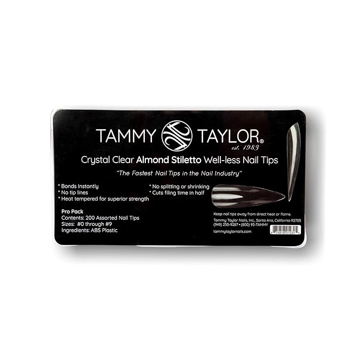 Tammy Taylor Stiletto Acrylic Nail Tip Extensions | Tapered Full Coverage, Natural Lightweight, Long Lasting, Professional C Curve Clear Nail Tips | Press on Nails Almond Stiletto Style | 20ct