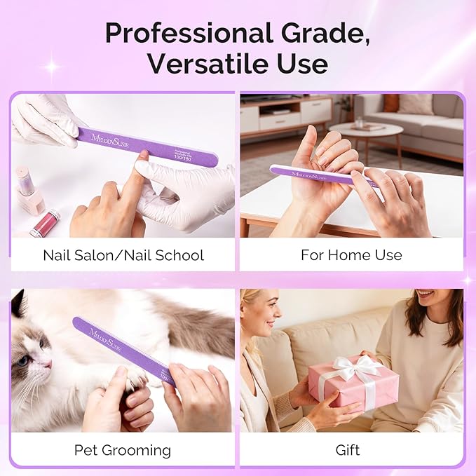 MelodySusie Nail File Kit, 2Pcs Double Sided 100/180 Grit Straight Shape Emery Boards For Nails, Professional Nail Art Manicure Pedicure Supplies for Home and Salon Use, Purple