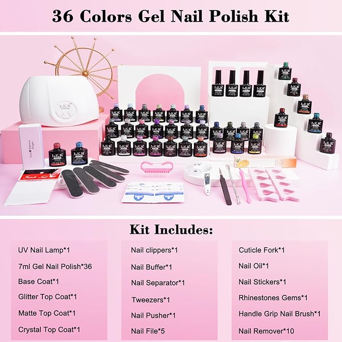 Gel Nail Polish Kit with UV Light, 36 Colors Nail Polish Set with Base and Matte&Glossy Top Coat Soak Off All Season Gel Nail Set Manicure Tools Gift for Women (36 Colors 02)