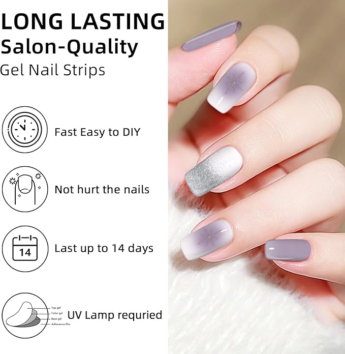 Semi Cured Gel Nail Strips - 28pcs Gel Nail Stickers Wraps(Purple), Nail Polish Stickers UV Light Lamp Requried, Easy to Apply