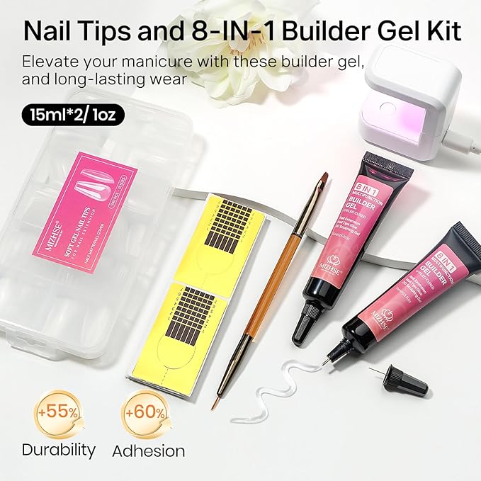 MIZHSE Gel Nail Kit, Fake Nails Long Coffin, 8-in-1 Builder Gel for Nails & Portable Mini U V Light, 240Pcs Half Matte Nail Tips for Nail Extension DIY Nail Salon for Women & Girls