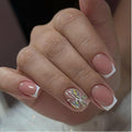 White French Tip Press on Nails Short Square MABKJLF Petite Fake Nails Butterfly False Nails with Rhinestones Designs Glossy Glue on Nails French Manicure Acrylic Nails for Women Girls 24Pcs