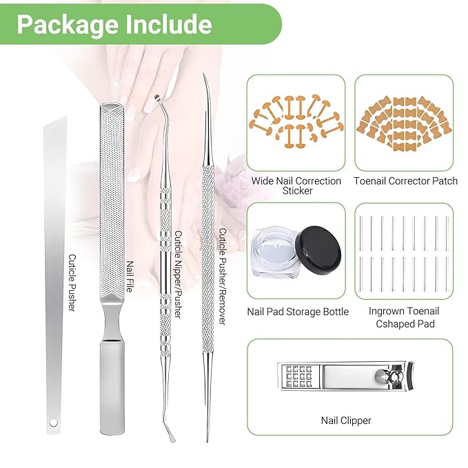 Ingrown Toenail Corrector Set with Correction Strips, Professional Toenail Tool Kit Includes Breathable Toenail Strips, Ingrown Toenails Pedicure Tool Set for Home Use (Silvery)