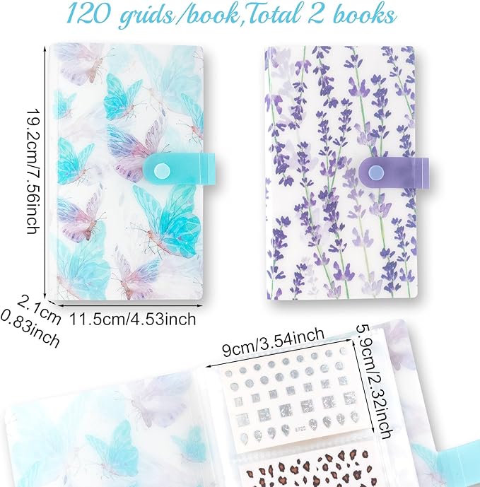 2PCS 240 Slots Flower Butterfly Nail Art Sticker Storage Books Purple Blue Wisteria Organizer Binders Transparent Collecting Album Photo DIY for Notebooks Diary Journal Planner