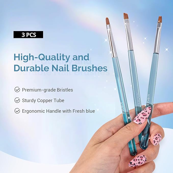AIRSEE Nail Art Clean Up Brushes, 3 PCS Flat/Oval/Fine Angled Gel Nail Brush for Cleaning Polish Mistake on the Cuticles, Painting Brushes, Art Design DIY Tools, Blue