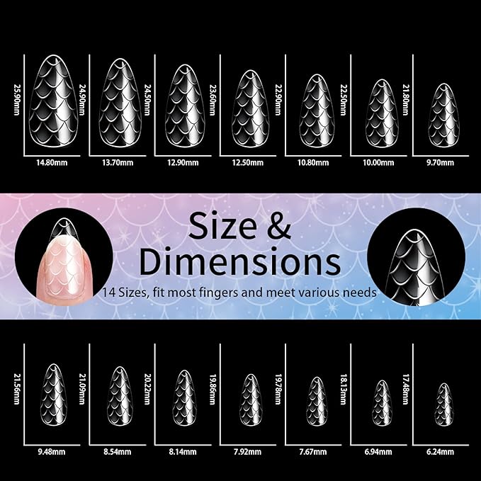 3D Diamond Shaped Polygel Nail, Extension Clear Full Cover False Nail Tips, Hybrid Gel Acrylic Nail, Diamond Fake Nails, 14 Sizes Building Artificial Press on Nail (Fish Scales 4, 140pcs)