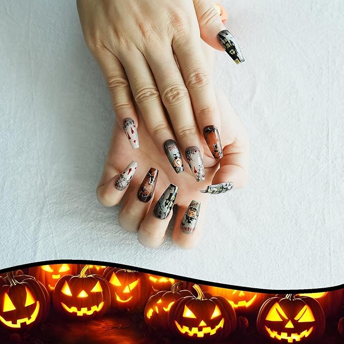 Handmade Press on Nails Long Coffin - Cartoon Story with Holiday Design for Parties, Halloween (Halloween House Story,M)