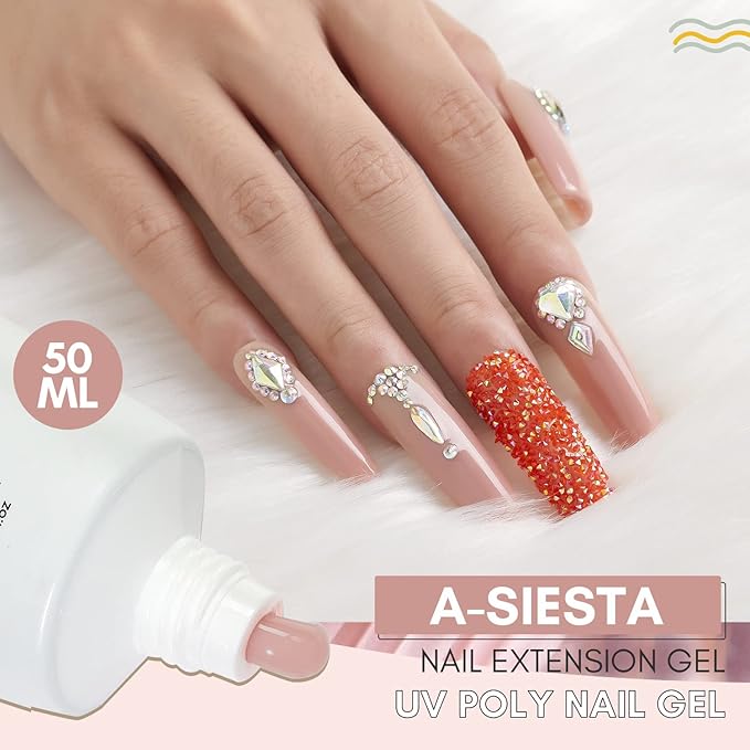 Makartt Poly Nail Gel with Nail Rhinestone Glue for Nails Bundle, 50ML Nude Color Gel Builder for Nails Spring Summer Nail Extension Gel, Super Strong Gel Nail Glue for Rhinestones for Nails
