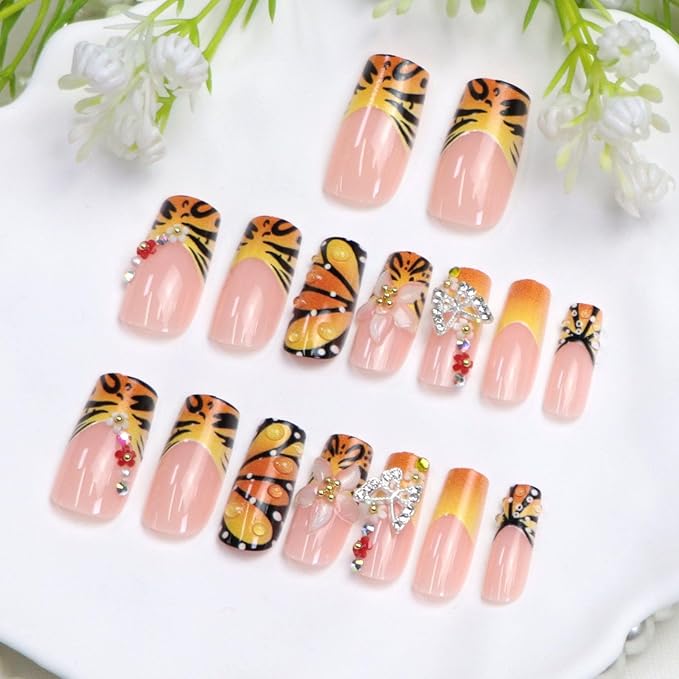 Butterfly Press on Nails Medium Long Square Fake Nails with Butterfly Charm Flower Designs French Tip Glue on Nails Press ons Acrylic Glossy Full Cover Stick on Nail for Women 24 Pcs