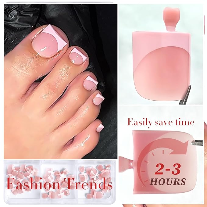 150pc Pink French Tips Press on Toenails Women Fake Toe Nails Kit, Berry Pink Toe Nail Press ons Nail Short Square Fake Toenails French Toes Nail Tips Stick Acrylic Toes Nails with Adhesive Tabs