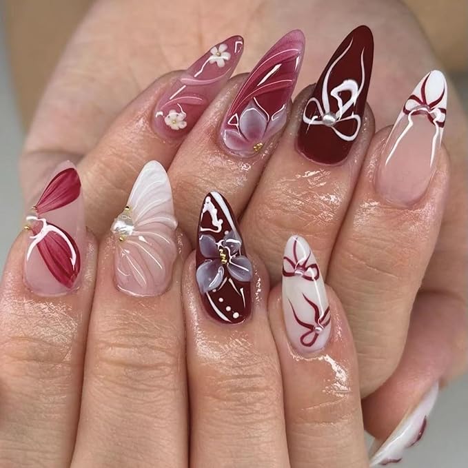 Almond Press On Nails Medium Flower Fake Nails, Bow Nails Press Ons With Pearls Designs,Reusable Full Cover French Acrylic Nail, Glossy Glue On Nails For Women Nail Accessories