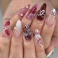 Almond Press On Nails Medium Flower Fake Nails, Bow Nails Press Ons With Pearls Designs,Reusable Full Cover French Acrylic Nail, Glossy Glue On Nails For Women Nail Accessories