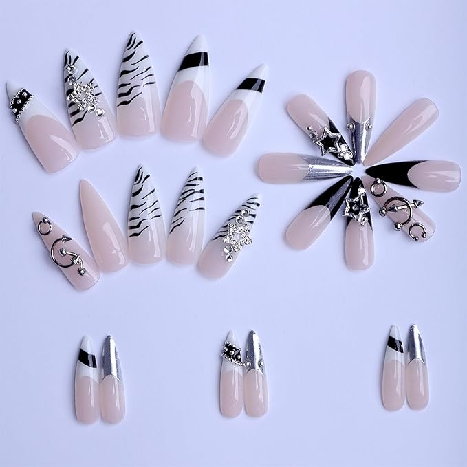 Long Press on Nails Almond Fake Nails Black Artificial Nail Silver Charm Rhinestones Stick on Nail for Women 24pcs
