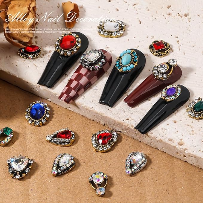 24 Pcs Retro Gold Nail Charms, qiipii 12 Pair 3D Alloy Luxury Nail Gems Elegant Heart Retro Rhinestones for Nails Golden Nail Crystals Diamonds Stones, Nail Art Supplies for Nails Decoration Crafts