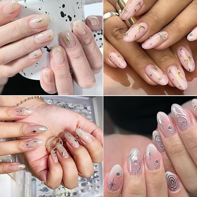 Moon Star Nail Stickers for Nail Art Metallic Sun Totem Nail Decals Holographic Laser Gold Silver Nail Stickers Sun Stars Moon Heart Boho Nail Art Designs Decals for Women Manicure 8 Sheets…