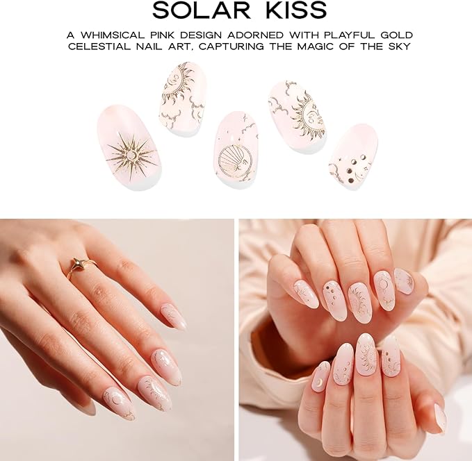Semi-Cured Gel Nail Strips - 20 Salon-Quality Gel Sticker with UV Light Required, Long Lasting, Easy Application & Removal, Includes Prep Pad, Nail File, Wooden Stick (Pink Solar)