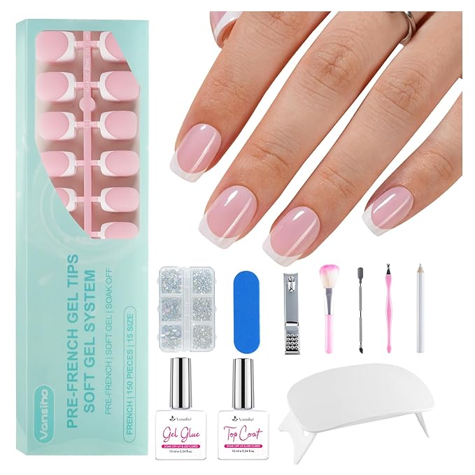 Vansiho Pink French Gel Nails Kit - Short Square Nail Tips with Nail Gel, Top Coat and Nail Lamp for Gift and Nail Art DIY