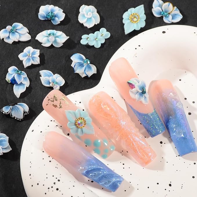 30PCS 3D Handmade Flower Nail Art Charms Advanced Handcrafted Cherry Blossom Flower Colorful Sculpted Floral Nails with Rhinestone Caviar Beads Design for Women Profession Nail Art Craft Jewelry