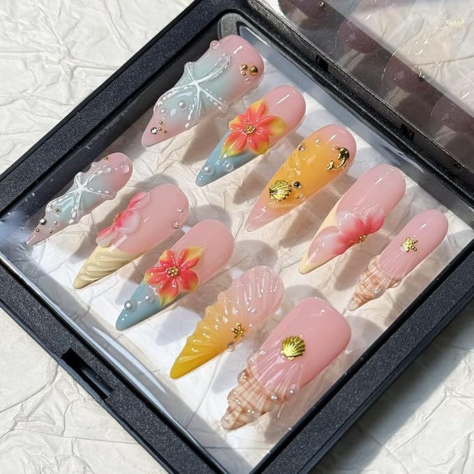 10Pcs Press On Nails Stiletto Shape Hnadmade Fake Nails, French Shell Acrylic Nails, Reusable Artificial Gold Plated Decoration Stiletto False Nails for Women (Size L)