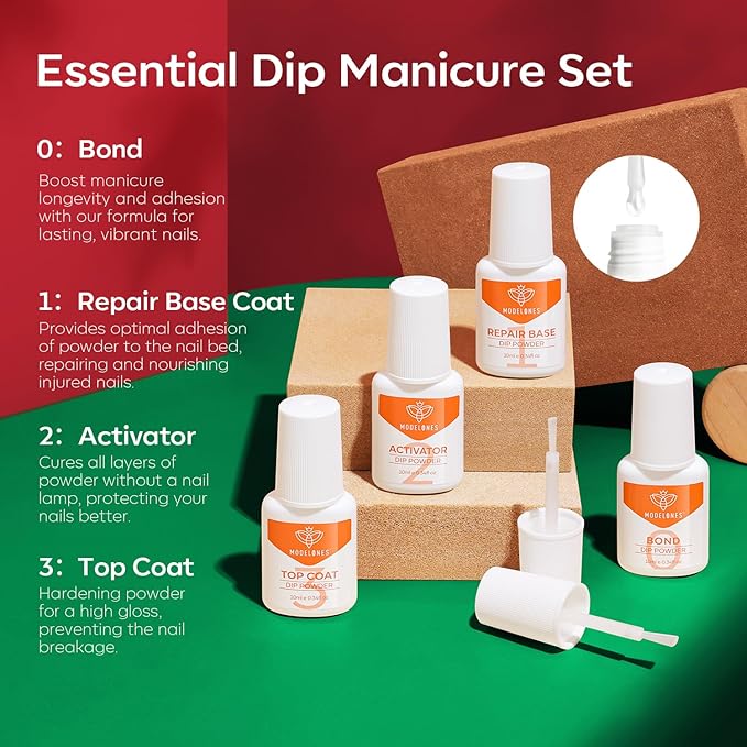Modelones Christmas Dip Powder Nail Kit 20 Colors, Red Green Brown Orange Glitter Dipping Powder Starter Set Base&Top Activator Liquid French Nail Art Salon DIY Kit Gifts for Women