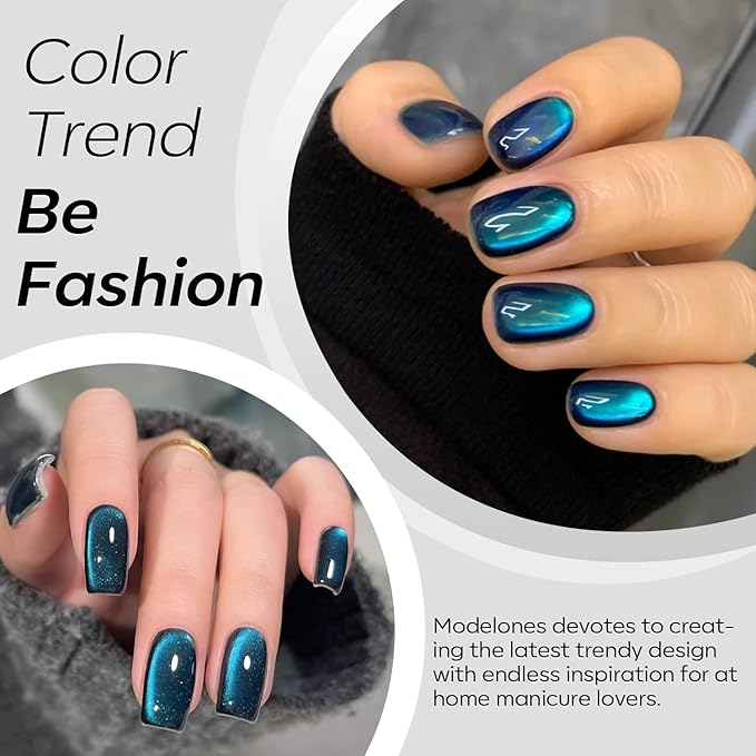 modelones Cat Eye Gel Nail Polish Silk Blue Cat Eye Gel Polish Holographic 9D Glass Glitter Multichrome Polish Peacock Blue Nail Polish with Magnet Soak Off Led 15ML