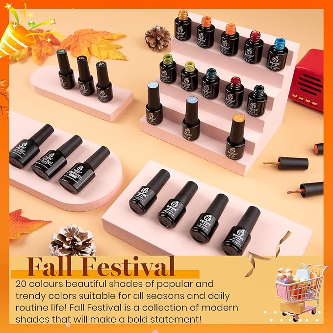 Beetles Gel Nail Polish Set - 20 Colors Yellow Orange Burgundy Red Brown Black Green Gel Nail Polish Kit with Glossy Matte Gel Top Base Coat Soak Off Uv Manicure Gift for Women