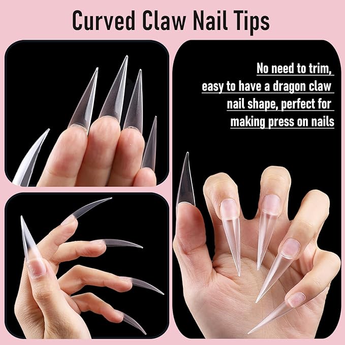 300 Pcs Long Curved Stiletto Nail Tips Full Cover Eagle Claw Press on Nails, XXL Dragon Claw Sculptural Fake Acrylic Nails Cat Claw False Nail Tips for Nail Art Design 15 Sizes Q44