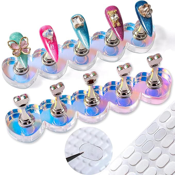 2 Set Nail Stands, Thickened Metal Nail Stand for Press Ons, Aurora Heart Nail Polish Holder for Painting, Fake Nail Display Stand Nail Practice Magnetic Nail Art Tools w/ 100Pcs Reusable Glue Tabs