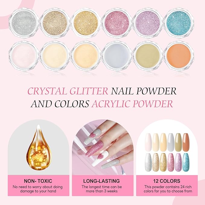 Acrylic Nail Kit for Beginners with Drill U V light, 3pc Acrylic Powder Clear/ Pink /White Set 12Pcs Glitter Powder 200Pcs Fake Tips Nail Starter Kit for Extensions DIY