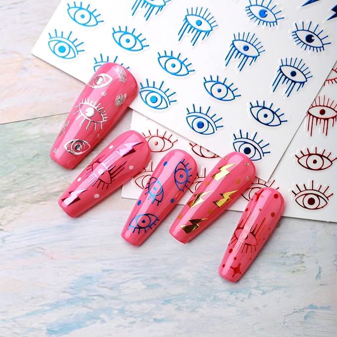 12 Colors Evil Eyes Nail Art Stickers, 3D Funny Eye Self-Adhesive Sticker Design, Laser Gold Silver Red Black White Pink Yellow Green Eyes Nail Transfer Decals for Women Manicure Decorations